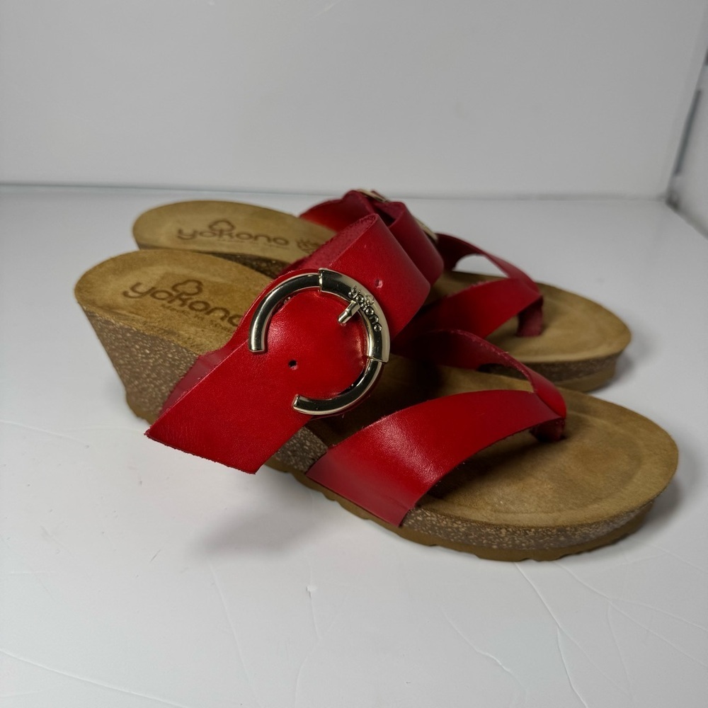 Yokono Red Leather Wedge Sandals Size 38 7 Buckle Strap Cork Platform Spain